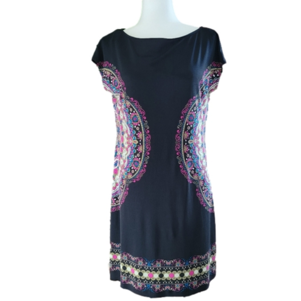 Maggy London Cap Sleeve Sheath Dress Stretchy Black Side Mandala Size 8 EUC